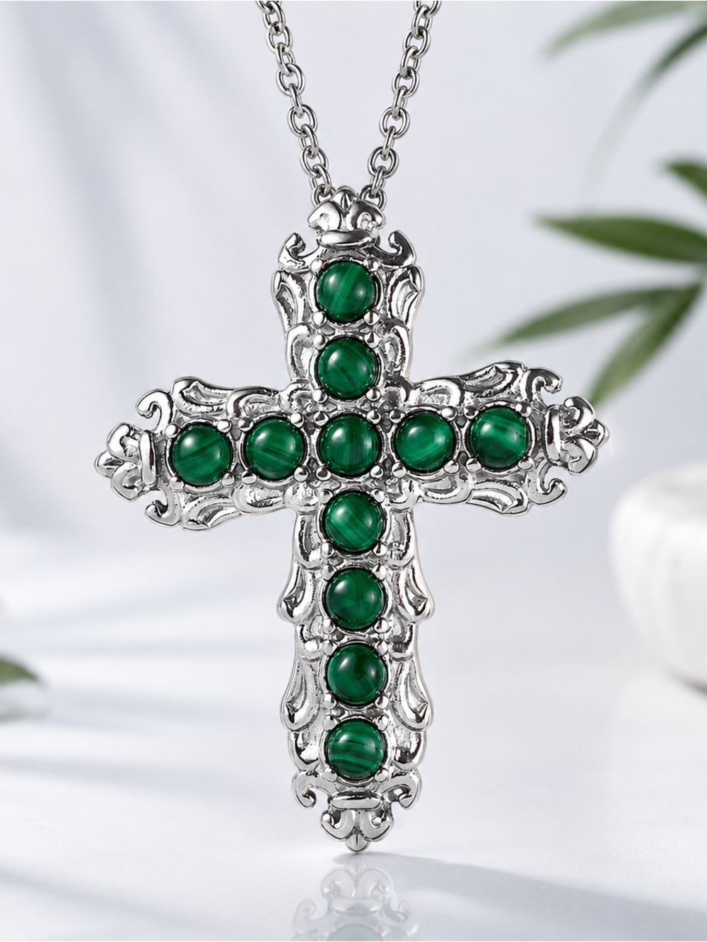 Malachite Cross platinum over stainless steel